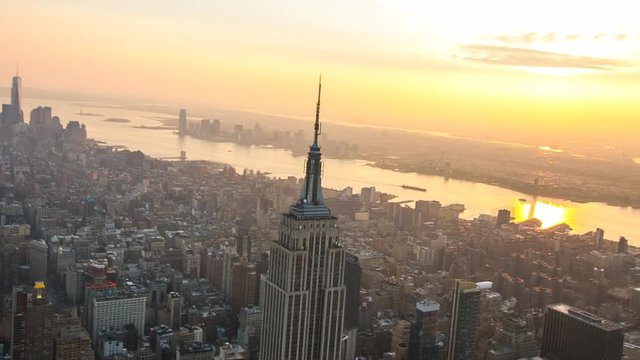 New York City,USA - November 2014: Aerial shot of Empire State Building from a helicopter at sunset