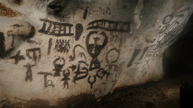  More than 7000 years old decorations inside cave slow pan footage - Prehistoric wall paintings of Magura