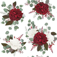 Materiał do szycia Vector Seamless floral pattern design drawn in watercolor style: garden white peony, burgundy red Rose flowers, seeded Eucalyptus branch, green fern greenery leaves. Bohemian romantic background print