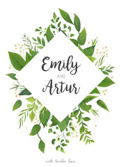Wedding Invitation, floral invite card Design: green fern leaves greenery, forest foliage decorative rhombus frame print. Vector elegant watercolor rustic save the date, postcard template