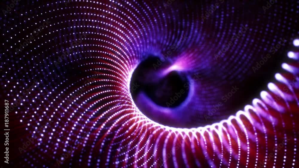 Poster abstract neon technology tunnel. dots concstruciton. camera rotates and moves forward towards the vi