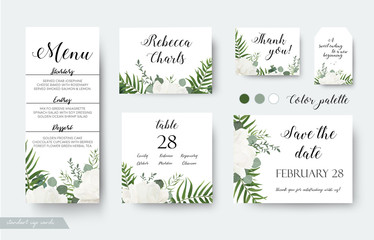 Wedding cards floral design. Rsvp, menu, table number thank you, save the date guest card & label set. White garden rose peony flower, forest fern, green palm leaf, eucalyptus branch, greenery bouquet