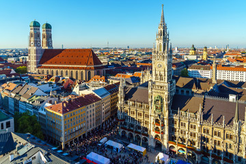 Aerial view of The New Town Hall and Marienplatz, Munich, Germany