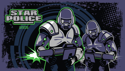 A group of soldiers firing weapons. Fantastic. Vector illustration. © penochka1