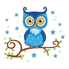 Fototapeta premium Cute funny owl. Forest animal, stars. Decorative and style toy, doll. Wonderland. Magic and fabulous story. Isolated children's cartoon illustration, suitable for print or sticker. White background. 