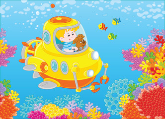 Fototapeta na wymiar Toy deep-sea bathyscaphe piloting by a little boy with his pup exploring a colorful coral reef with funny fishes in a tropical sea. Vector illustration in cartoon style