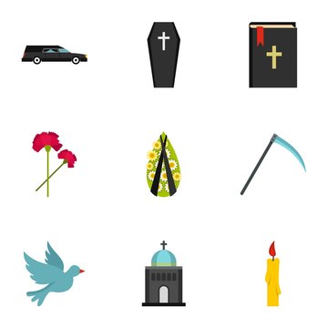 Funeral icons set, flat style
