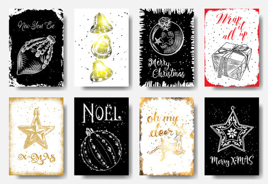 Modern and classic creative Christmas cards in black, gold and white illustration. Ney Year Eve, Jingle Bells, Wrap it all up, X-MAS, Noel, Oh my deer, Merry X MAS. Vector.
