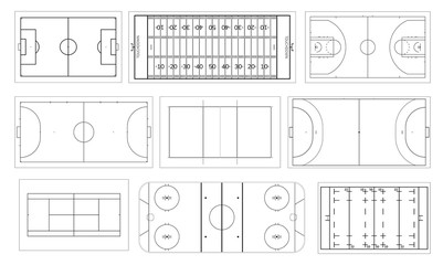 Set of sport field. Handball and basketball court, football or soccer field, ice hockey rink. Volleyball, futsal, mini football and tennis, rugby and american football field. Line art style.