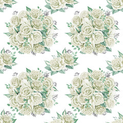 White roses bouquets. Watercolor illustration. Seamless pattern design paper.