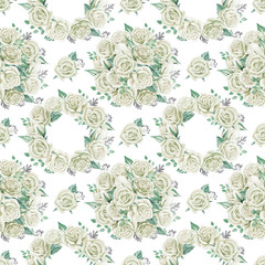 White roses bouquets. Watercolor illustration. Seamless pattern design paper.