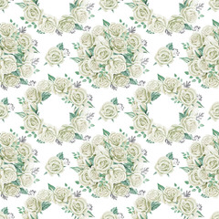 White roses bouquets. Watercolor illustration. Seamless pattern design paper.