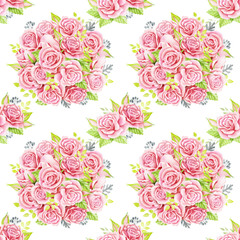 Pink roses bouquets. Watercolor illustration. Seamless pattern design paper.