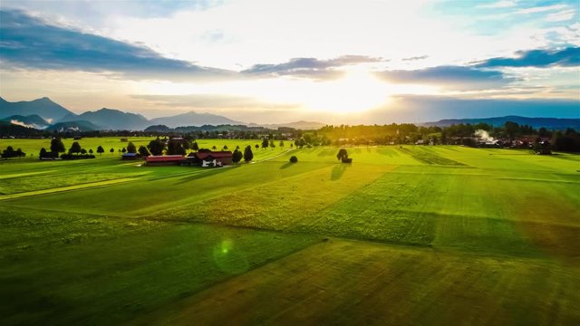 Panorama from the air sunset Forggensee and Schwangau, Germany, Bavaria