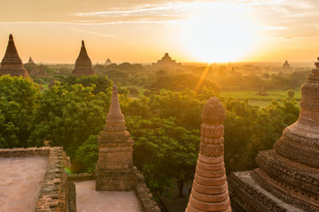 Beautiful sunrise over the ancient pagodas in Bagan, Myanmar