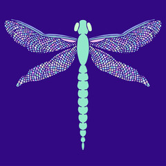 Beautiful dragonfly with colorful wings. Isolated on blue. Hand
