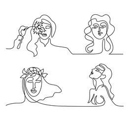 Set continuous line drawing. Abstract portrait of a woman with head wreath. Vector illustration.