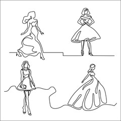 Set continuous silhouette of a slender woman bride in dress. Continuous line drawing. Vector illustration