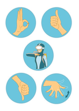 Basic gestures of a scuba diver. Communication during the dive. Commands. Signs with the image of hand gestures in a blue circle.