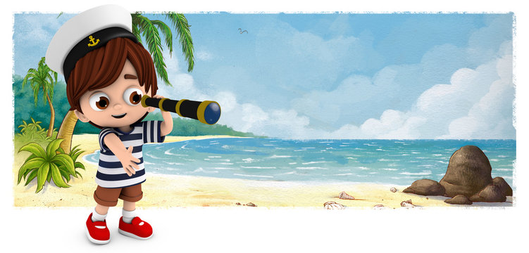 Ni&ntilde;o vestido de marinero con un catalejo en la playa