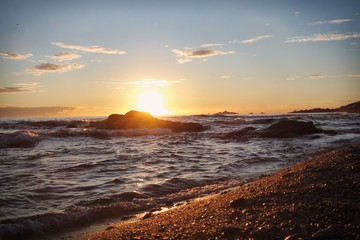 Sunset at the beach, view on the “îles sanguinaires”, Ajaccio, Corsica 