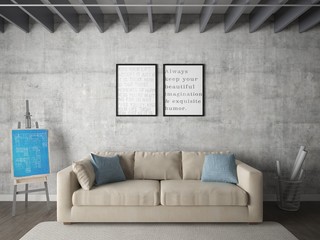 Mock up poster living room with two stylish frames and a fashionable sofa.