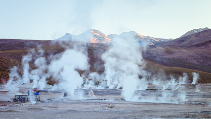 Sunrise in the Tatio geysers, northern Chile, Atacama region, close to the Bolivian border