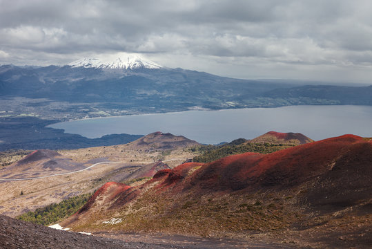 Landscape from the Osorno volcano, in the background you can see the Calbuco volcano and the Llanquihue lake, near Puerto Varas and Puerto Montt, Chile.