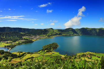Fototapeta na wymiar Lanscape from the volcanic crater lake of Sete Citades in Sao Miguel Island of Azores Portugal