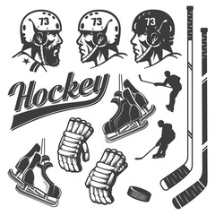 Obraz premium Set of hockey design elements in vintage retro style. Head in helmet, stick, gloves, skates, puck and silhouettes of hockey players in the game.
