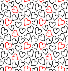 Black and red hearts on the white background. Seamless pattern for Saint Valentine's Day Cards. Hand drawn small hearts.