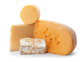 Different kinds of delicious cheese on white background