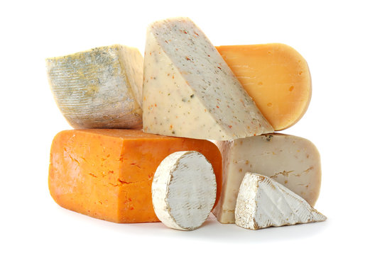 Different kinds of delicious cheese on white background