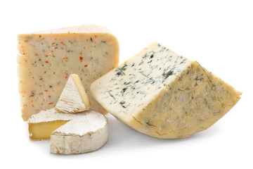 Different kinds of delicious cheese on white background