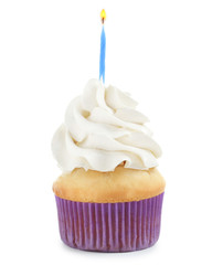 Birthday cupcake with candle on white background