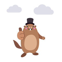 Illustration of groundhog showing thumbs up gesture. Flat 
