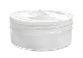 Jar with hand cream on white background