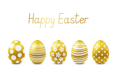 Vector Happy Easter greeting card with realistic eggs isolated. Five golden glossy metal easter eggs. Text 'Happy Easter'. Self-made font. 3D illustration