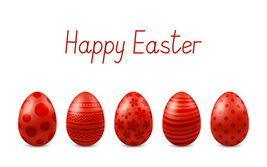 Vector Happy Easter greeting card with realistic eggs isolated. Five red glossy metal easter eggs. Text 'Happy Easter'. Self-made font. 3D illustration