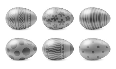 Vector set of realistic easter eggs isolated. Six silver glossy metal easter eggs with pattern. 3D illustration