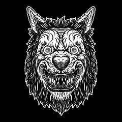 Fototapeta premium Wolf blackwork tattoo flash concept isolated on white. Angry wolf head. Detailed werewolf mascot illustration. Vector.