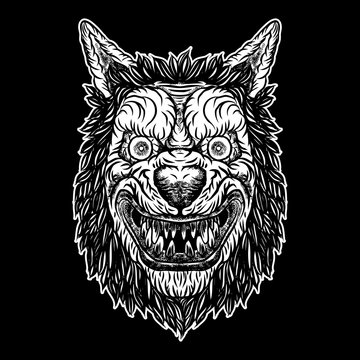 Wolf blackwork tattoo flash concept isolated on white. Angry wolf head. Detailed werewolf mascot illustration. Vector.