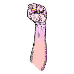 Woman's hand fist raised up freedom sign. Wrist in pink color girl power symbol. Realistic style drawing feminism concept. Emo gothic colors. Vector.