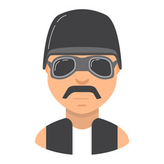 The young man with moustaches and in sunglasses. Biker motorcycle protective old-style. Character young person. In flat style a vector.A retro a vintage us army helmet with goggles.
