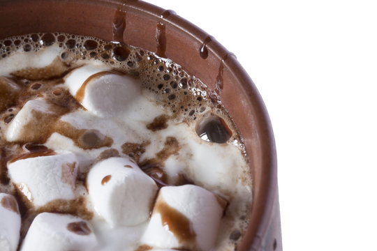 hot aromatic liquid chocolate with lots of little marshmallows close