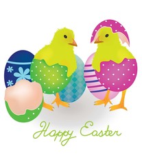 Two chicken coming from Easter eggs, vector