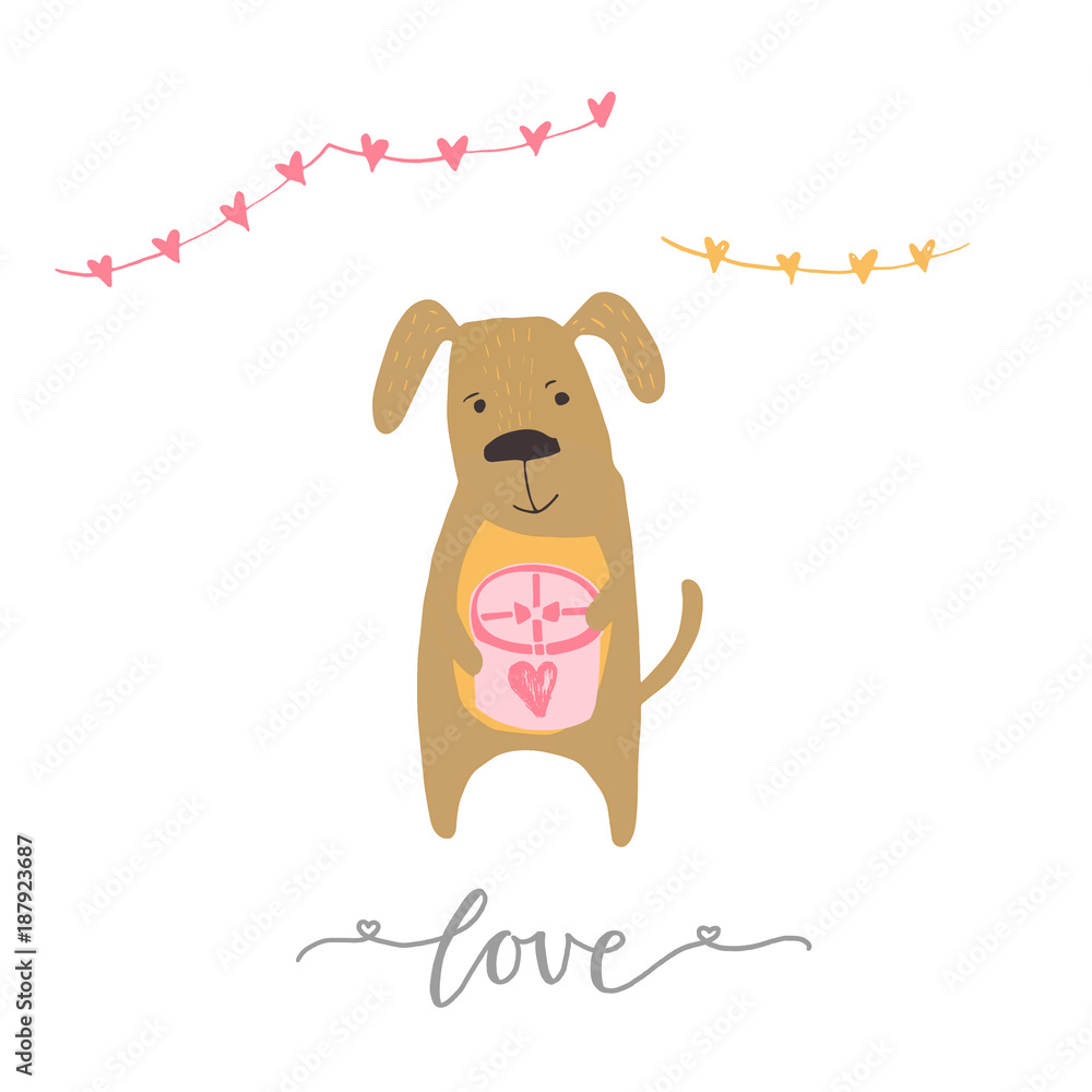 Wall mural Lovely Valentines day gift card with dog heart and lettering love