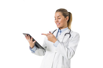 Pretty young female doctor with digital tablet