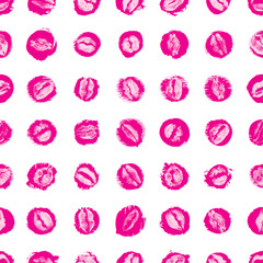 Lips seamless pattern on polka dot background. Black and pink lips fashion print wrapping paper. World kiss day, Valentine's day, love. Vector.