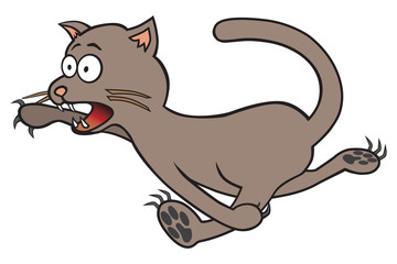 A frightened cartoon kitty is running wild eyed from danger